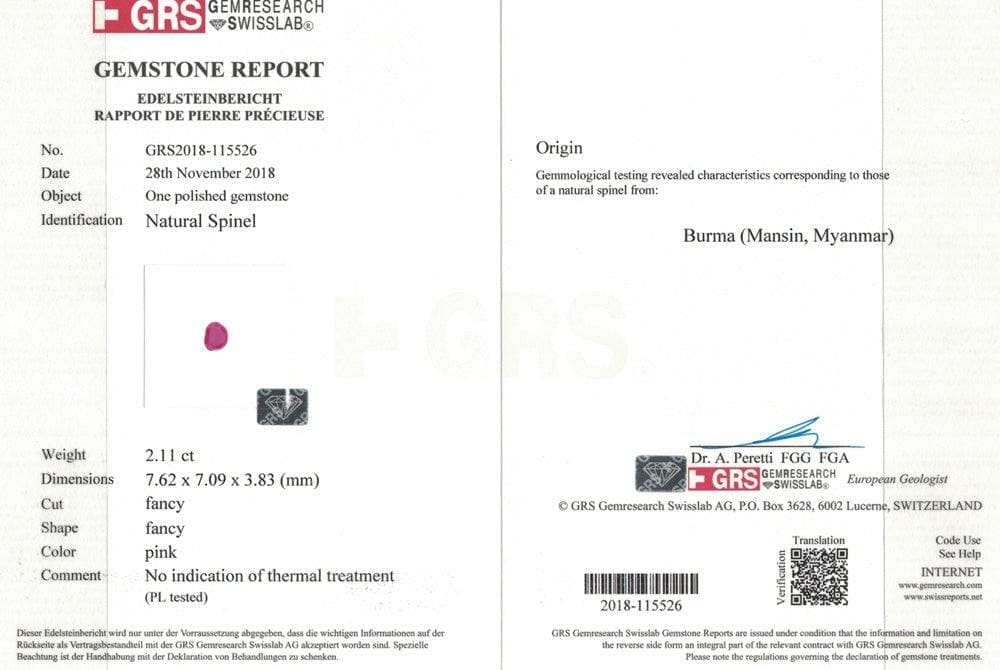 Certificate red spinel 2.11 Cts