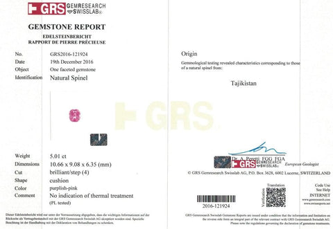 GRS certificate pink spinel 5.01 Cts