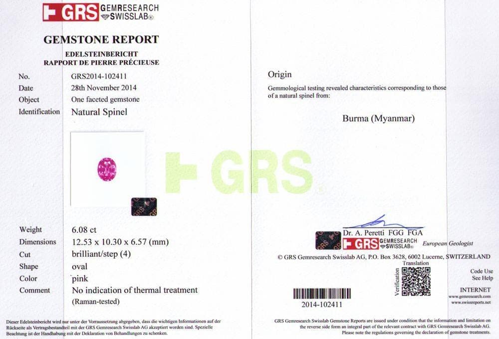 Photo of GRS certificate of spinel 6.08 cts 