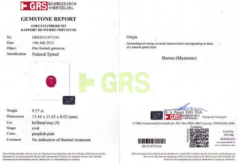 Pink spinel 9.27 cts GRS certificate 