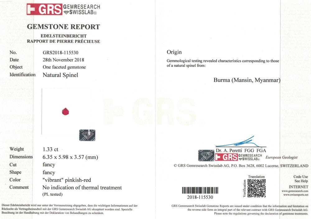 Burma red spinel certificate