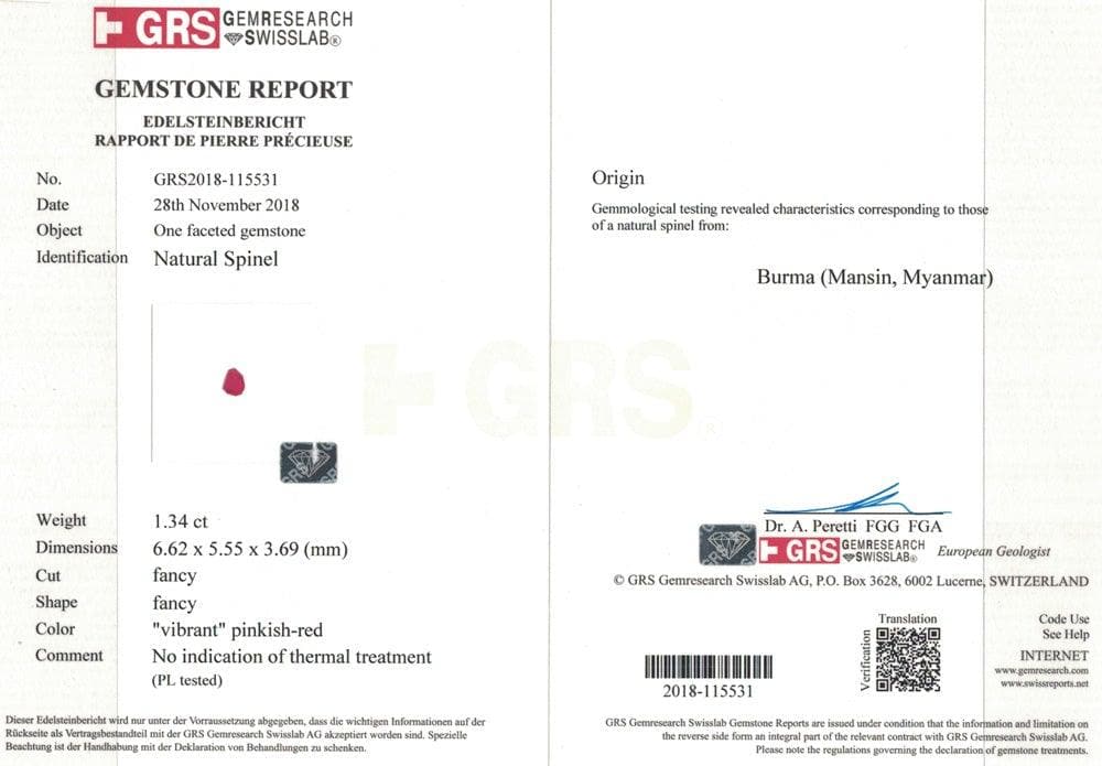 Certificate of pinkish-red spinel 