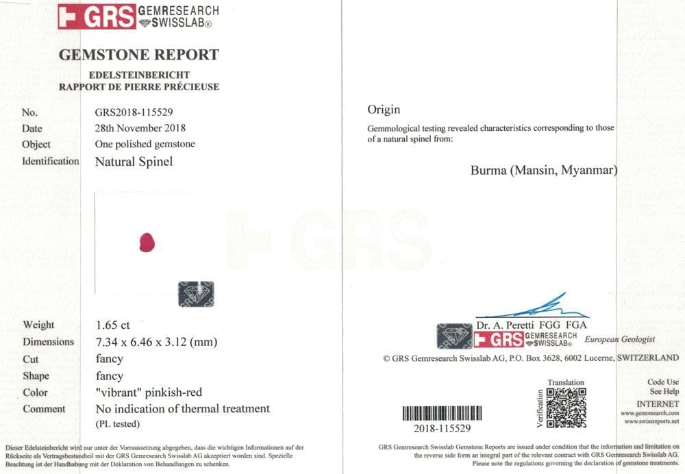 Pinkish-red spinel certificate