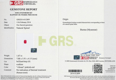 Picture of certificate of 1.67 cts spinel 
