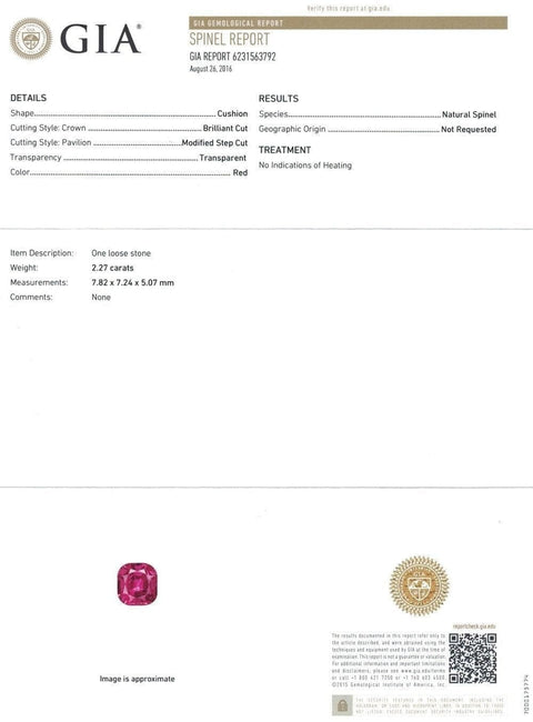 A GIA certificate of red spinel 2.27 cts 
