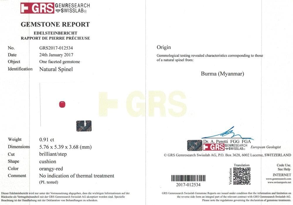 Certificate of GRS spinel 0.91 ct 