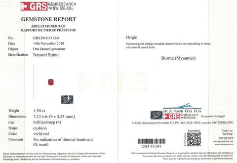 Certificate of red spinel gem