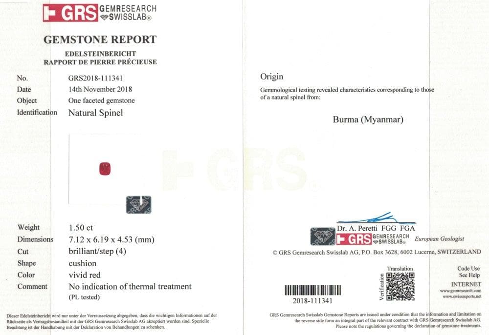 Certificate of red spinel gem