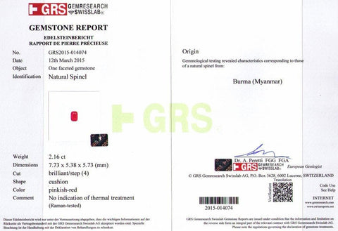 The certificate picture of spinel 2.16 cts 