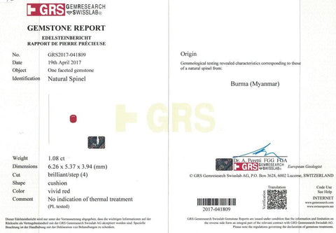 Red spinel Burma GRS certified