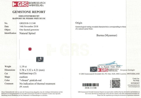 Natural pinkish red spinel certificate
