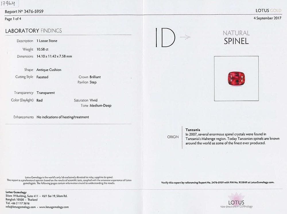 A certificate image of red spinel 10.58 cts 
