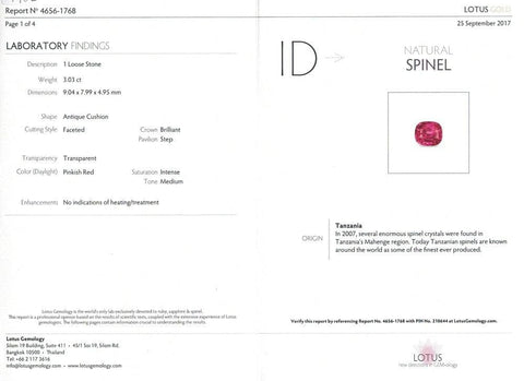 Red spinel Burma 3.03 Cts lotus certified