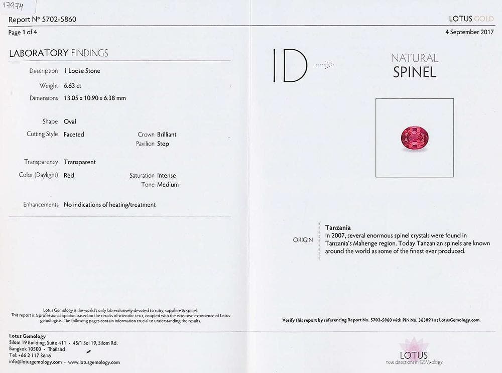 A certificate picture of spinel 6.63 cts 