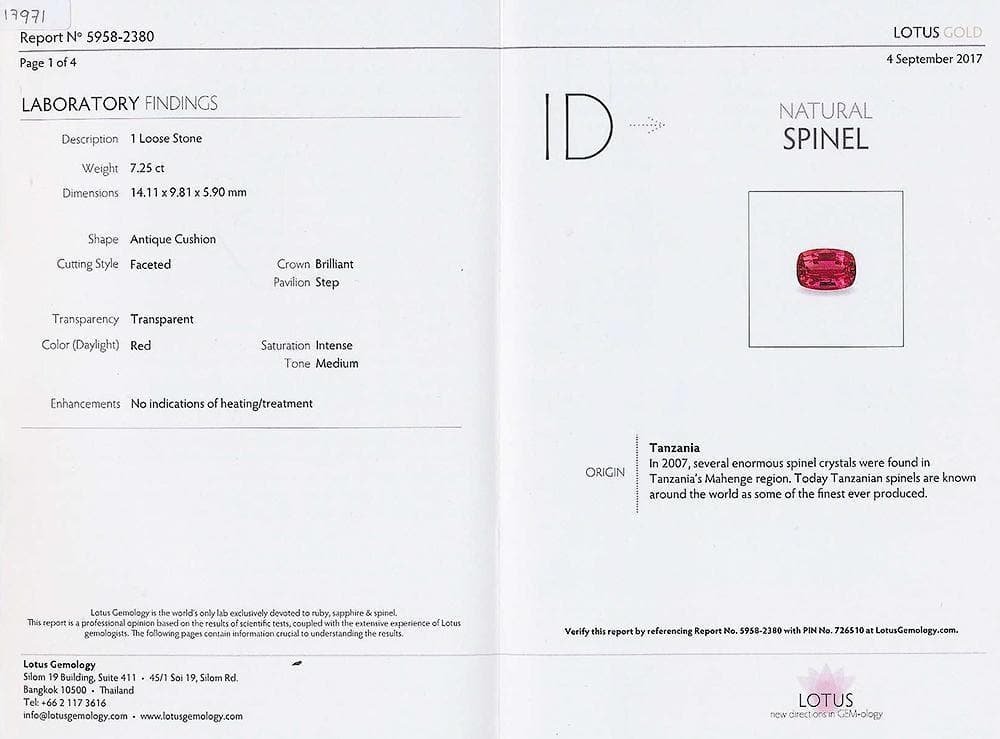 A Lotus certificate picture of spinel 7.25 cts 