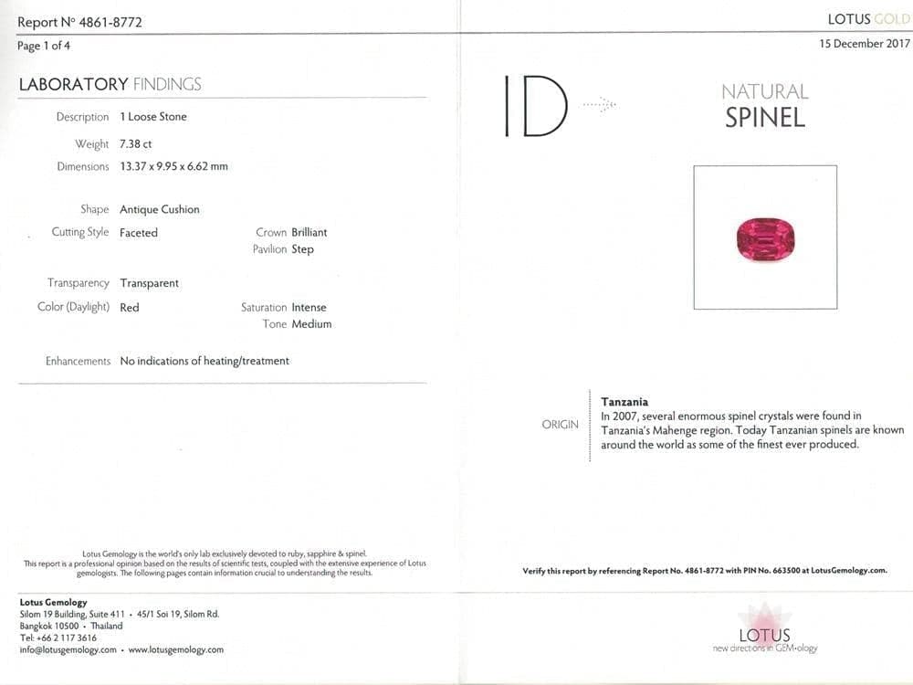 The photo certificate of spinel 7.38 cts 