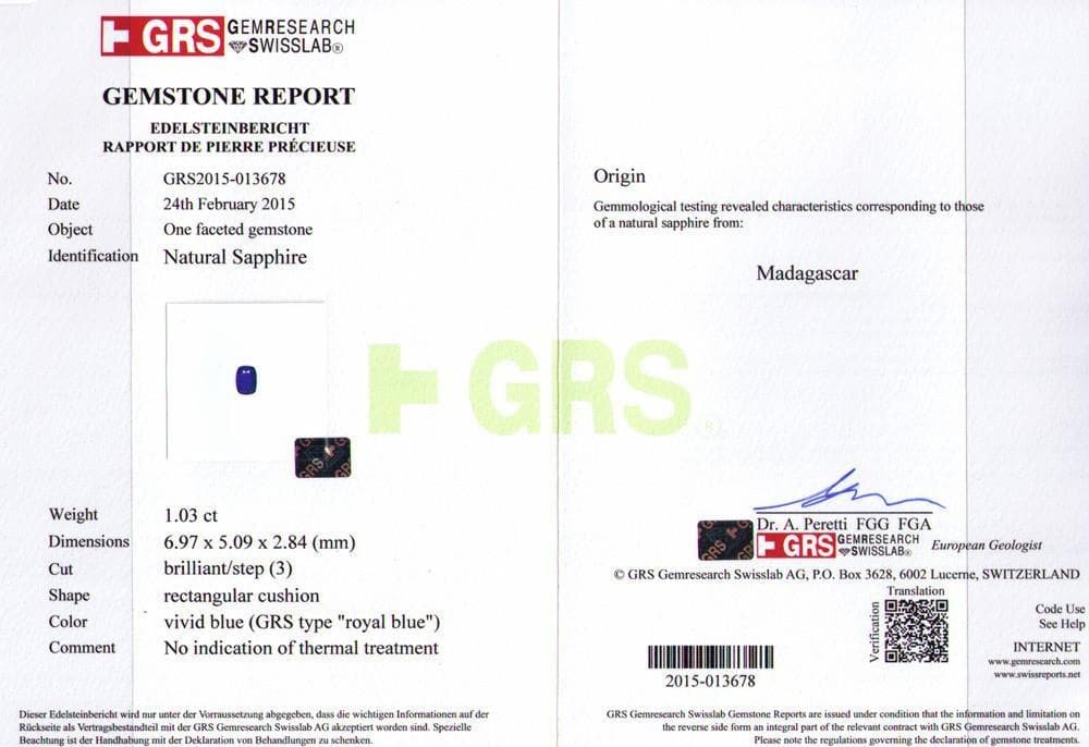 A GRS certificate image of 1.03 cts sapphire 