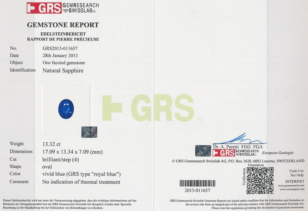 A GRS certificate image of blue sapphire 13.32 cts 