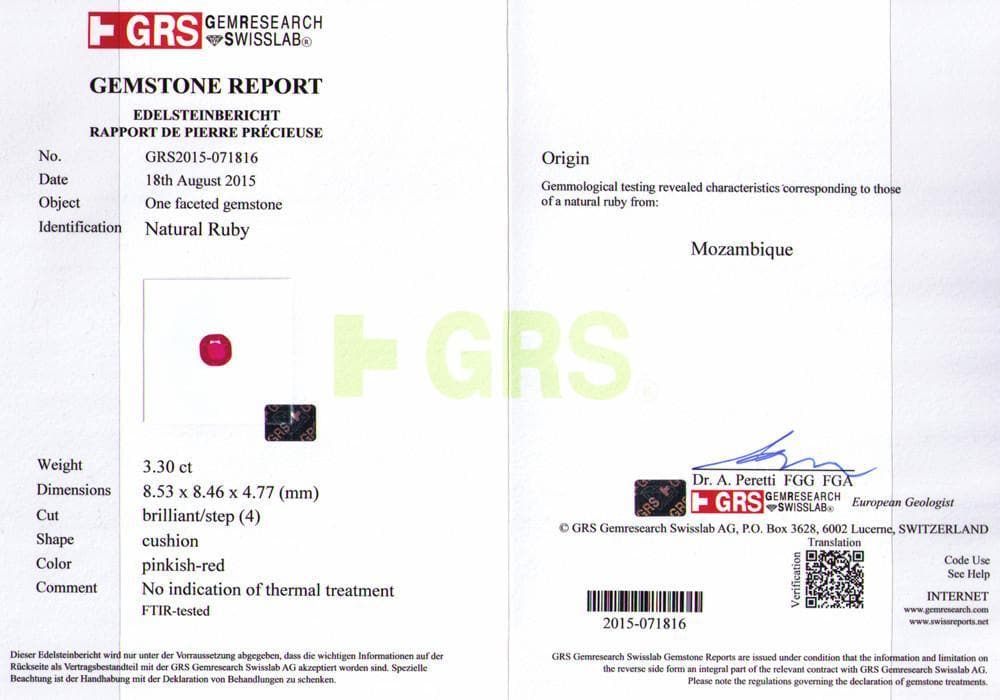 The image certificate of red ruby 3.3 cts 