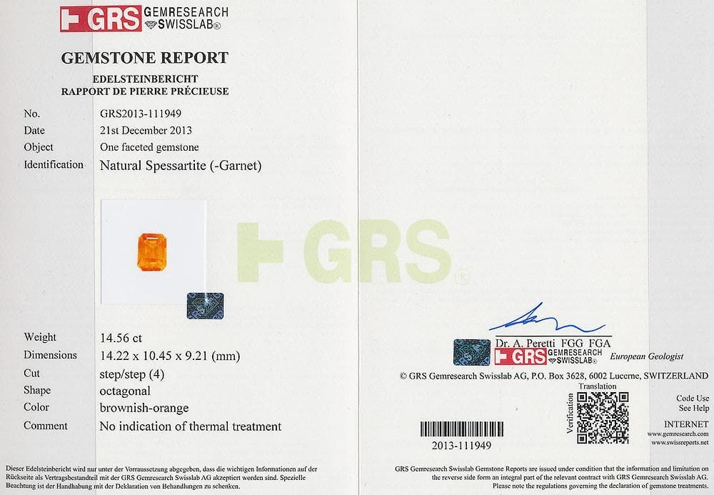 A GRS certificate of spessartite 14.56 cts 