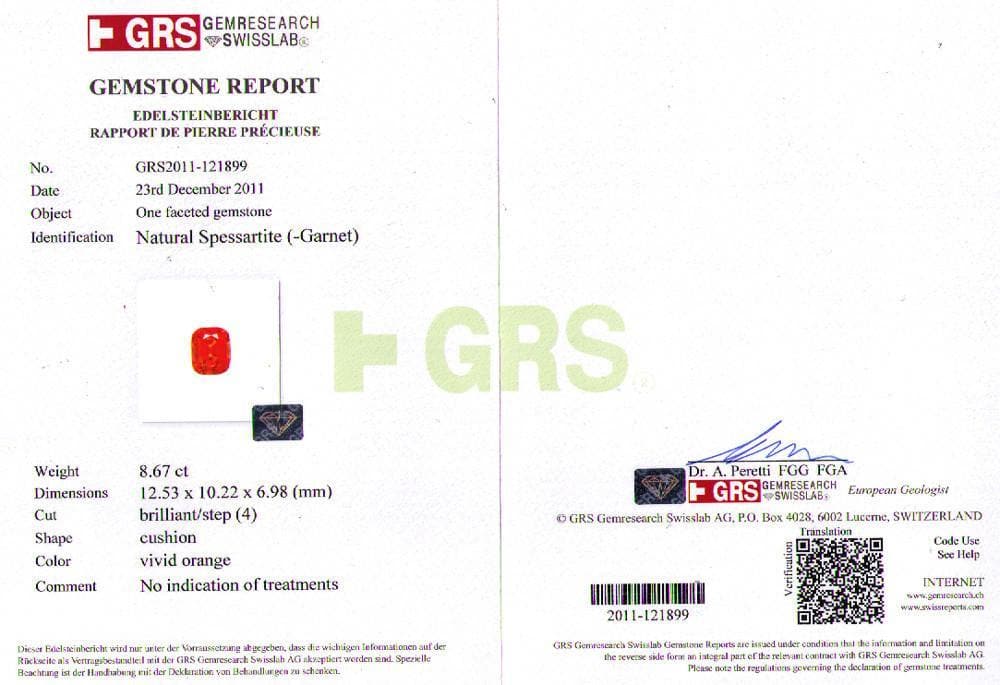 A certificate image of 8.67 cts spessartite 
