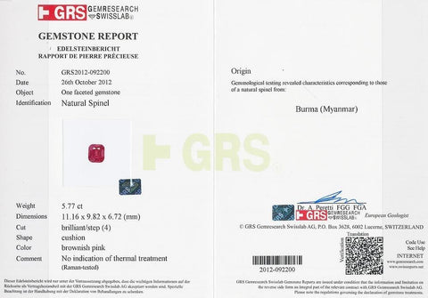 Image of certificate of red spinel 12.04 cts 