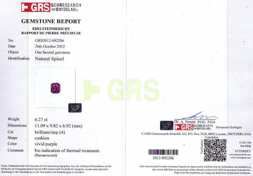 Picture of certificate of 12.04 cts spinel 