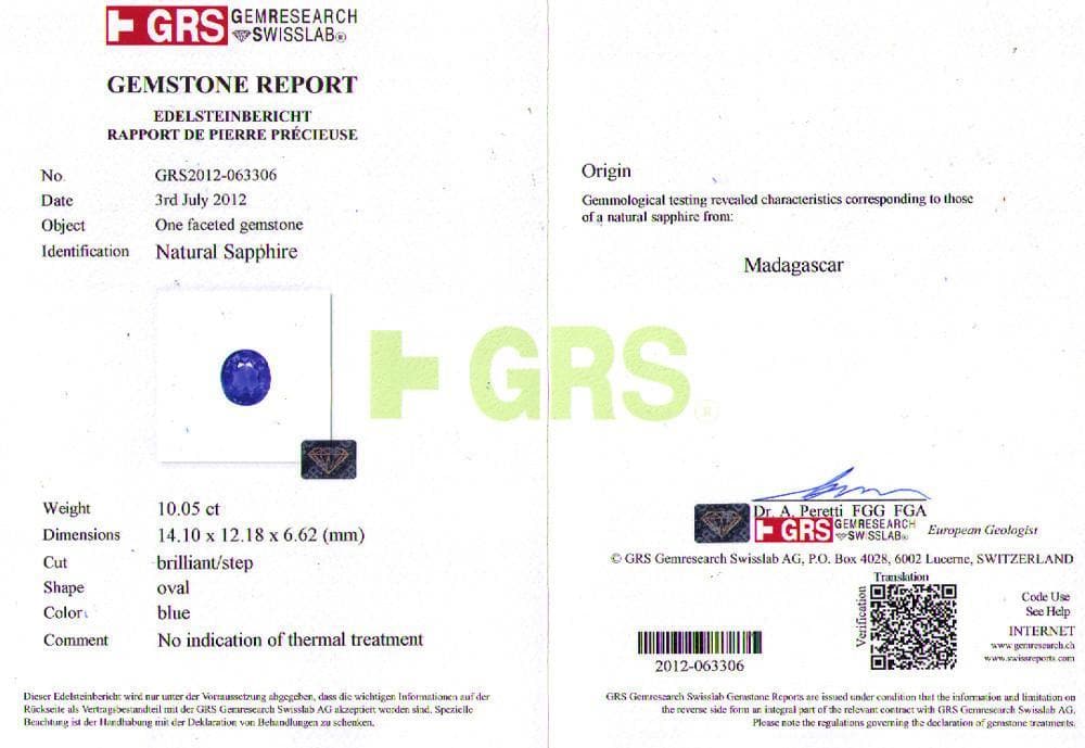 A GRS certificate image of blue sapphire 20.32 cts 