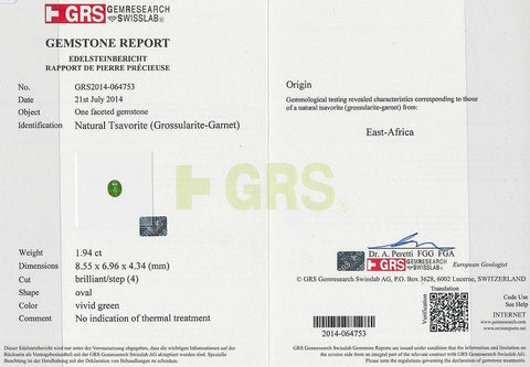 The GRS certificate photo of tsavorite 1.94 cts 