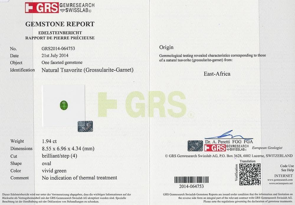 The GRS certificate photo of tsavorite 1.94 cts 
