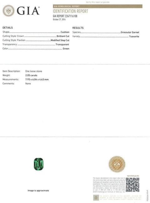 A GIA certificate of green tsavorite 2.05 cts 