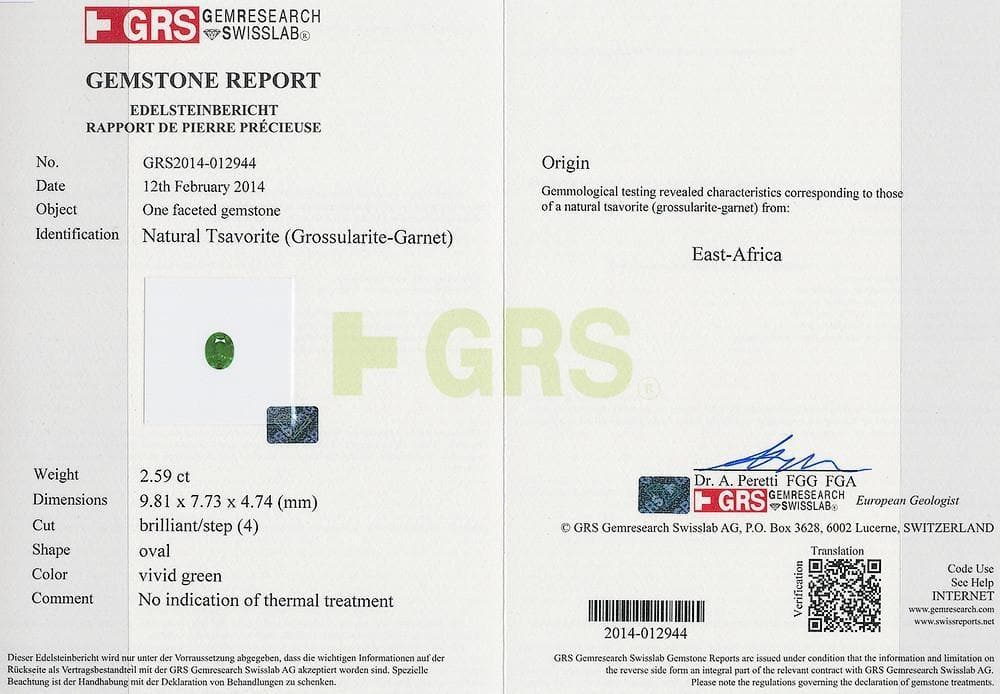 GRS certificate of 2.59 cts tsavorite 
