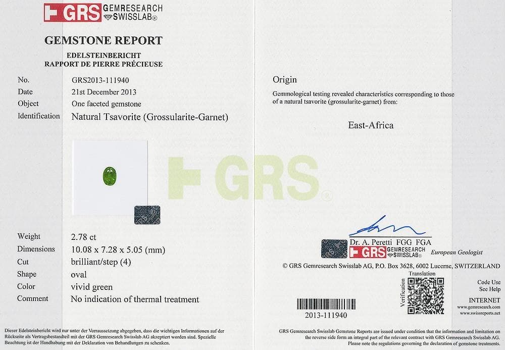 Certificate of 2.78 cts green tsavorite 