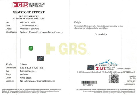 Photo of GRS certificate of 3 cts green tsavorite