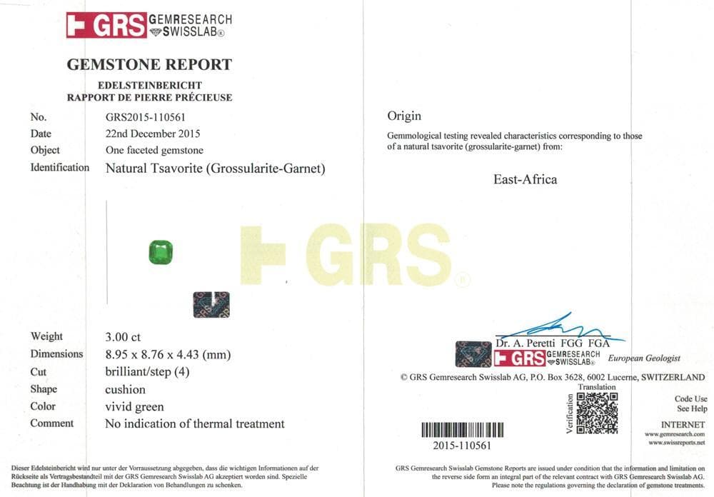 Photo of GRS certificate of 3 cts green tsavorite 