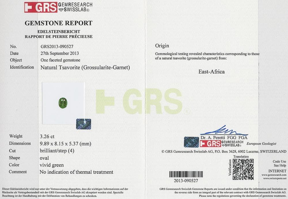 Picture of GRS certificate of tsavorite 3.26 cts 