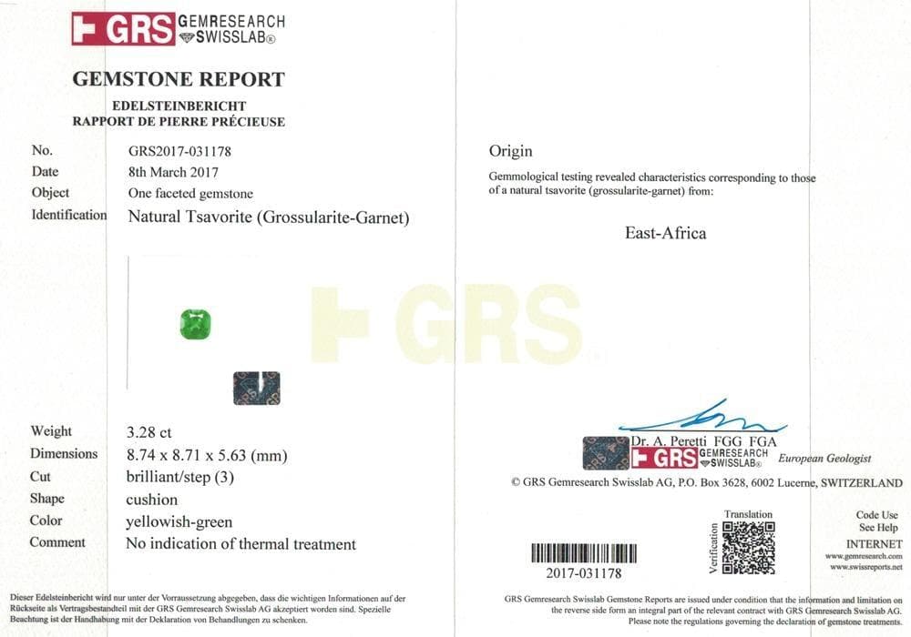 A GRS certificate photo of 3.28 cts green tsavorite 