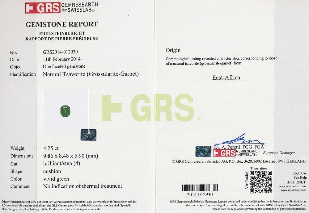 Certificate of GRS tsavorite 4.25 cts 