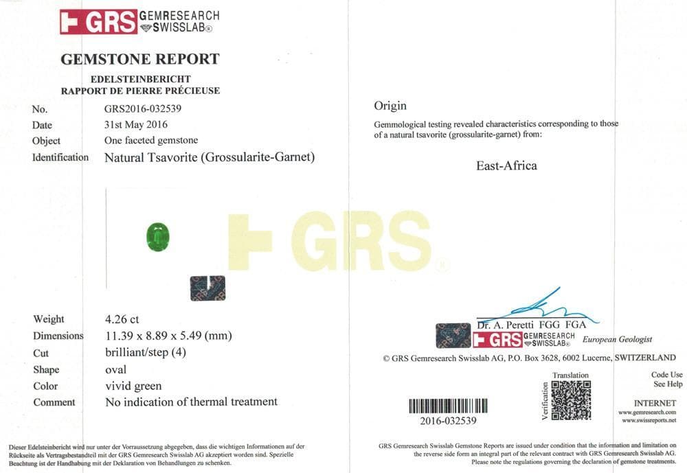 The GRS certificate picture of tsavorite 4.26 cts 