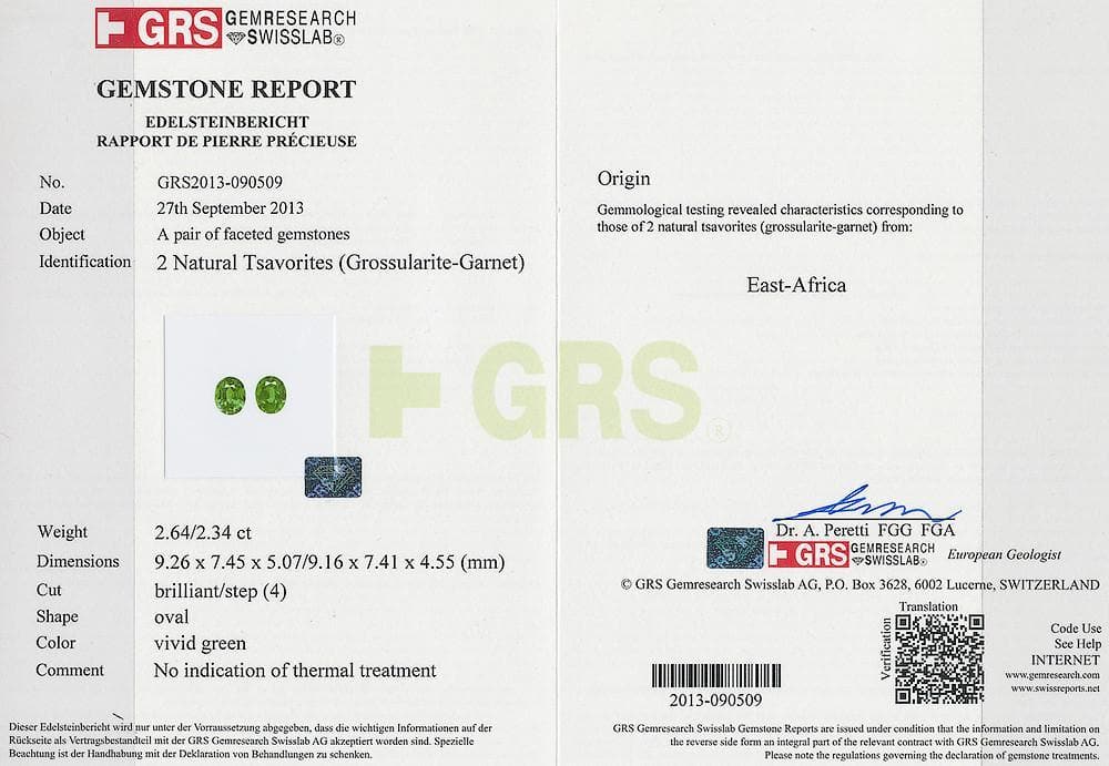 4.98 cts green tsavorite GRS certificate 