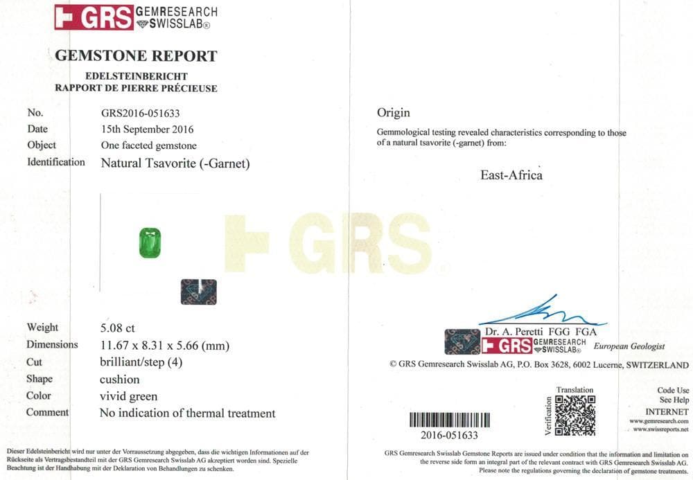 The GRS certificate of green tsavorite 5.08 cts 