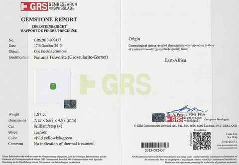 A certificate image of 3.61 cts tsavorite 
