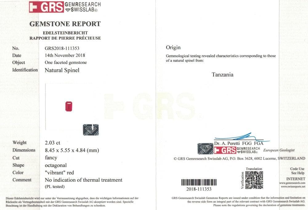 Red spinel gem certificate
