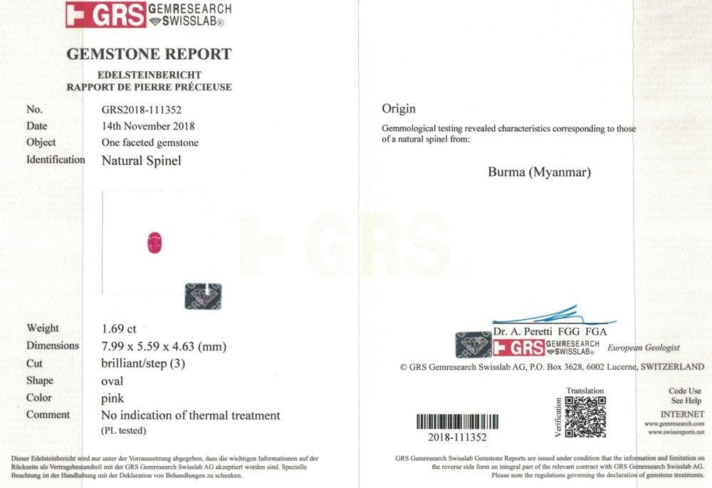 Vivid pink spinel certificate+