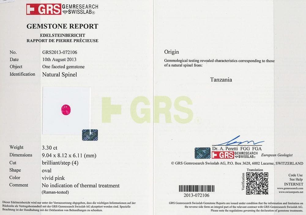 The GRS certificate image of pink spinel 3.3 cts 