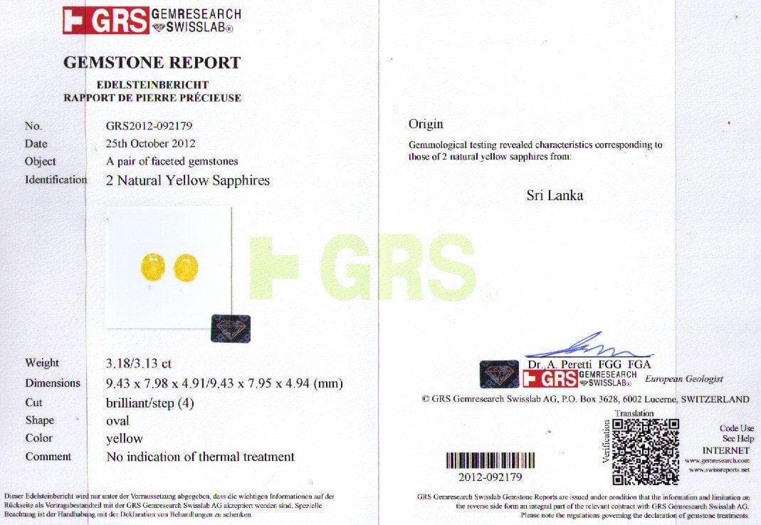A GRS certificate picture of 6.31 cts yellow sapphire 