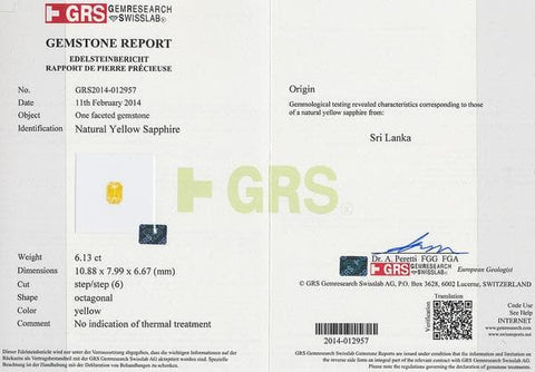 A certificate of yellow sapphire 6.13 cts photo