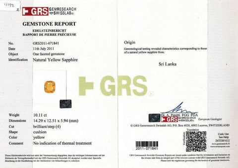 A GRS certificate of sapphire 10.11 cts 