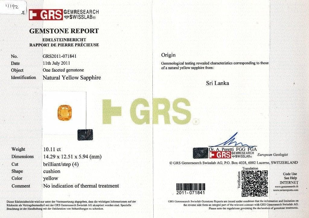 A GRS certificate of sapphire 10.11 cts 